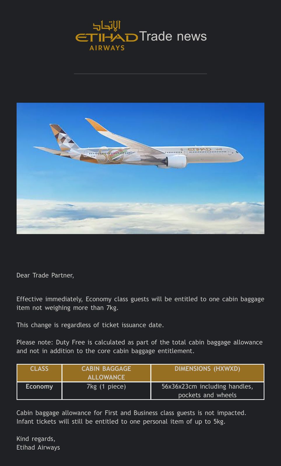 Loveleen Arun on X Restrictions on Cabin Baggage allowance for economy class etihad sent out this advisory today even Duty Free purchases will be counted within the 7 KG allowance