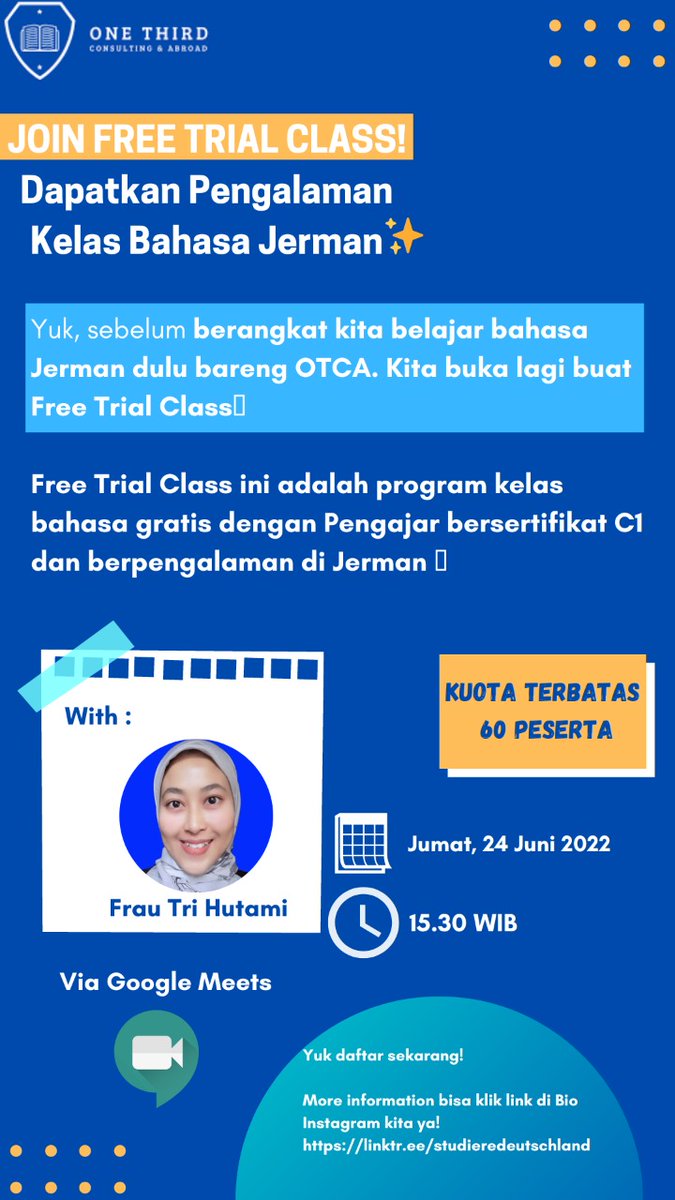 studieredeutsch's tweet photo. Masih ragu dengan kelas bahasa Jerman di OTCA?
Cus cobaik trial classnya dulu..Free hanya untuk 60 pendaftar pertama🤗 https://t.co/hrgCQRVGgo