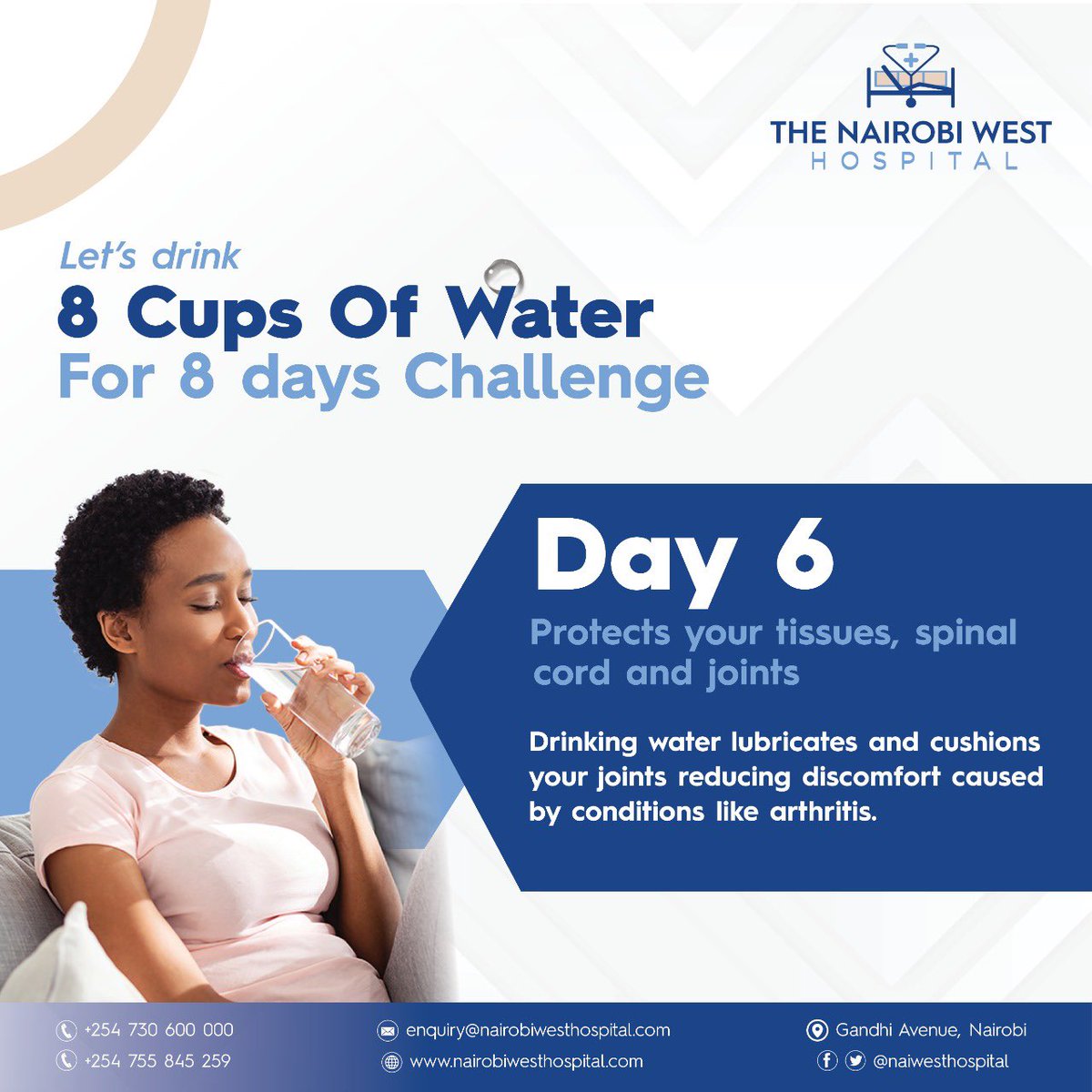 naiwesthospital's tweet photo. CHALLENGE DAY 6!
The goal:to motivate you to keep hydrated & learn 1 benefit a day of doing so!Tag,share &challenge someone today👏🏼#Tnwh #8by8WaterChallenge #ActivateHealth
2Litres in the bag.
You’ve got this! https://t.co/Cz2r5kUfUd