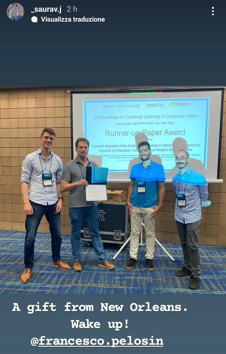 I was sleeping, but my co-author Saurav Jha updated me ASAP. 

I'm happy to say that we won the runner-up paper award at CLVISION workshop of #CVPR2022  

We are among the first to investigate continual learning in transformers!

link to the paper arxiv.org/abs/2203.13167