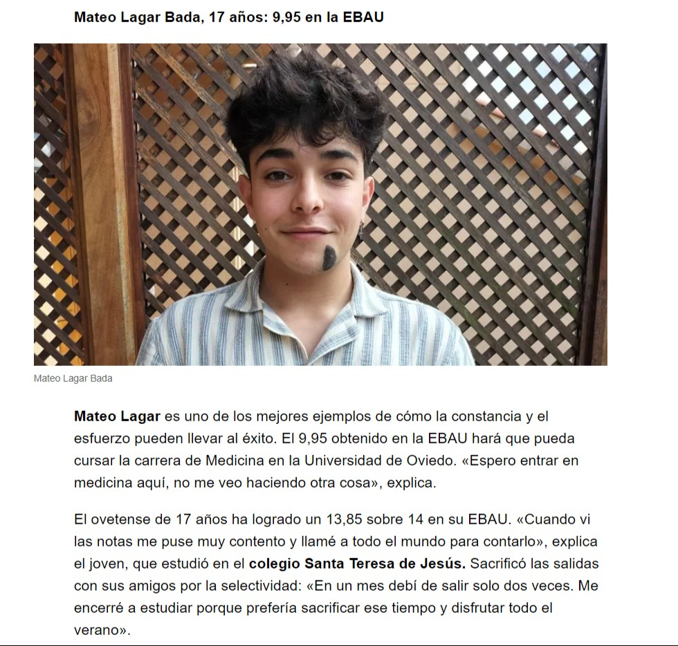 FET_Oviedo's tweet photo. Nuestro alumno, Mateo Lagar Bada, entre las mejores notas de la EBAU: Podéis acceder a la noticia entera en este enlace Hay otro artí... https://t.co/2lRumAo11a https://t.co/9sedE4MyBJ