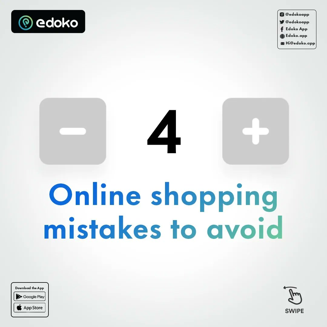 edokoapp's tweet photo. Some online shopping mistakes will make you scream OUCH!

Swipe the slides to see a few and how to avoid them.

Which ones have you made? Share in the comments section.

#EdokoApp #ShoppingMistakes #OnlineShopping https://t.co/g2lcTNVh5N