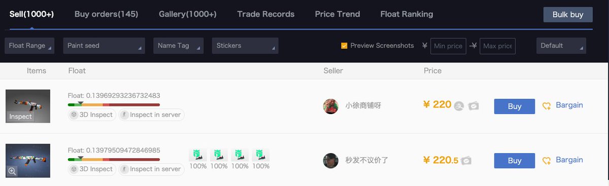 Sort by Sticker ↓ explained:

Let P = price of the item （e.g.￥7500）
Let BP = the lowest listing price （e.g.￥220）
Let SP = Stickers price 

This option will sort by (BP + SP - P)