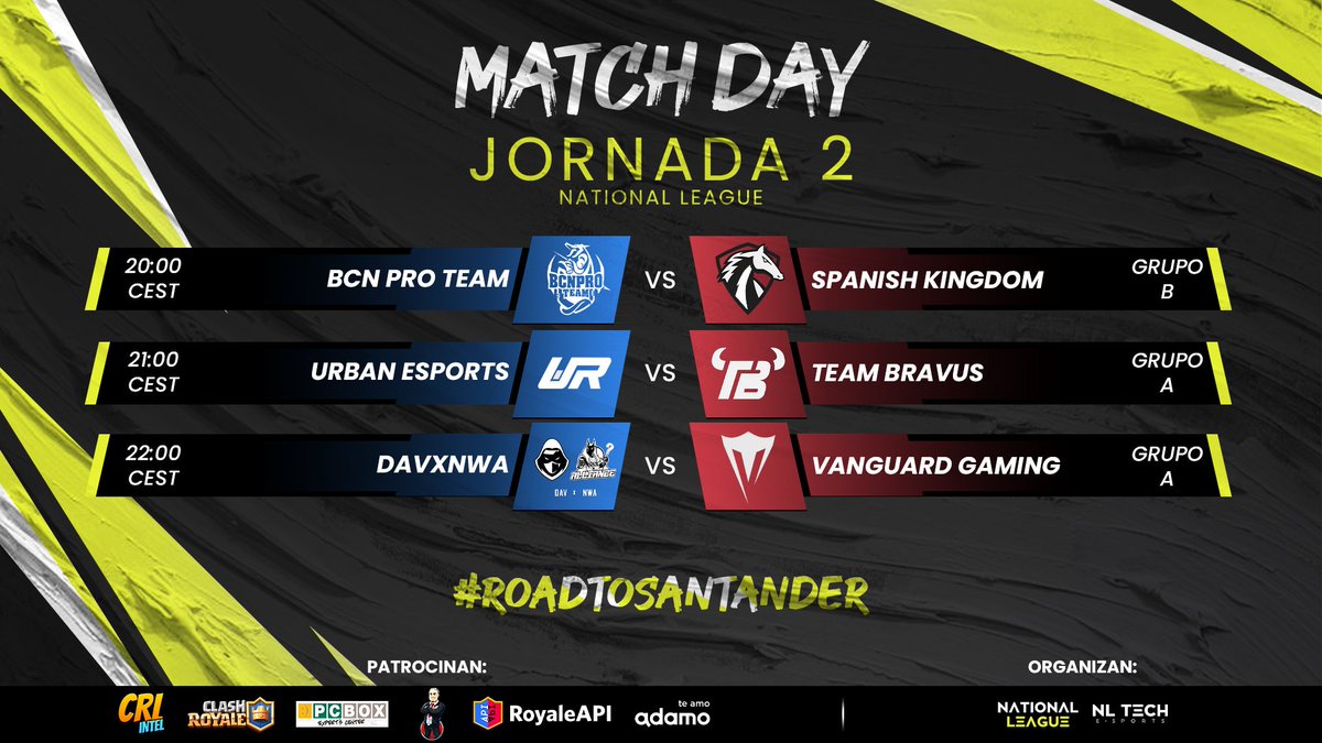 Pro Mancos League (@promancosleague) on Twitter photo #MatchDay | <a href="/EsportsRoyaleES/">Esports Royale ES</a>
๐ #J2 | 20:00๐ช๐ฆ
๐บ Twitch.tv/National_TV
<a href="/BCNProTeam/">BCN Pro Team</a> ๐ @SKD_ClubES
๐๏ธ <a href="/TucansitoAlv/">Tucansito</a> & <a href="/JWingord/">Juan Wingord Jk25</a>
<a href="/UrbanEsportsRap/">Urban Esports ๐</a> ๐ <a href="/Team_Bravus/">Team Bravus</a>
๐๏ธ <a href="/TucansitoAlv/">Tucansito</a> & <a href="/kevincito_CR/">Kevincito</a>
#DaVxNwA ๐ <a href="/VanguardGaming/">Vanguard Gaming</a>
๐๏ธ <a href="/RoysDLE/">Roys DLE๐ง๐ด๐</a> & <a href="/ChristianElNob/">ChristianElNob</a>
#RoadToSantander #MatchDay | <a href="/EsportsRoyaleES/">Esports Royale ES</a>
๐ #J2 | 20:00๐ช๐ฆ
๐บ Twitch.tv/National_TV
<a href="/BCNProTeam/">BCN Pro Team</a> ๐ @SKD_ClubES
๐๏ธ <a href="/TucansitoAlv/">Tucansito</a> & <a href="/JWingord/">Juan Wingord Jk25</a>
<a href="/UrbanEsportsRap/">Urban Esports ๐</a> ๐ <a href="/Team_Bravus/">Team Bravus</a>
๐๏ธ <a href="/TucansitoAlv/">Tucansito</a> & <a href="/kevincito_CR/">Kevincito</a>
#DaVxNwA ๐ <a href="/VanguardGaming/">Vanguard Gaming</a>
๐๏ธ <a href="/RoysDLE/">Roys DLE๐ง๐ด๐</a> & <a href="/ChristianElNob/">ChristianElNob</a>
#RoadToSantander