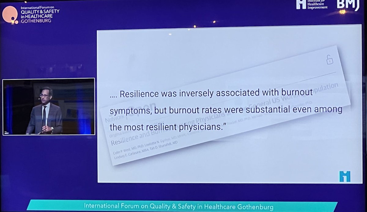 Even the most resilient are not immune to burnout.  Cool to see ⁦<a href="/ColinWestMDPhD/">Colin West</a>⁩ sited today in Dr Mate’s keynote @ IHI international. The answer? TBD. But certainly Tillsammans (ie together). <a href="/QualityForum/">Quality Forum</a> #Quality2022