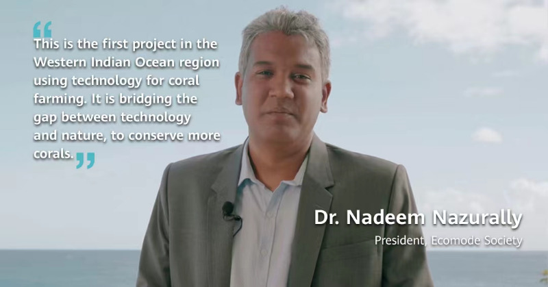 HUAWEI_TECH4ALL's tweet photo. EcoMode Society’s Dr. Nadeem Nazurally expresses his excitement for Western Indian Ocean’s first-ever coral farm to conserve coral reefs while bridging tech with nature in Mauritius. #Tech4aBetterPlanet #Tech4Nature #TECH4ALL