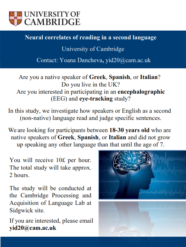 YoanaDancheva's tweet photo. Are you a native speaker of #Greek, #Spanish, or #Italian? Take part in a paid language study at @Cambridge_Uni @MMLL_Cambridge 
@CamLangsci @CamNeuro https://t.co/ndyfCJ2LqA