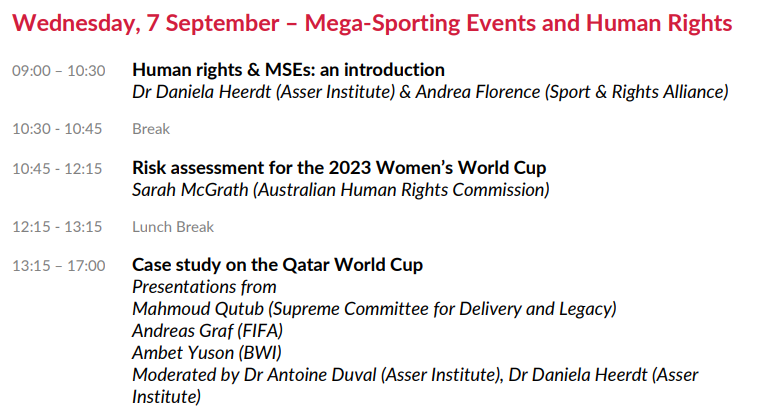 DanielaHeerdt's tweet photo. #megasportingevents and #humanrights is the topic of day 3 of the first annual @TMCAsser summer course on ‘The Governance of Sport and Human Rights’. 
In the morning we will hear from the brilliant @AndreaFlorence4 from @Sport_Rights &amp; @McGrathSarah from the @AusHumanRights https://t.co/krKF1IGD8B
