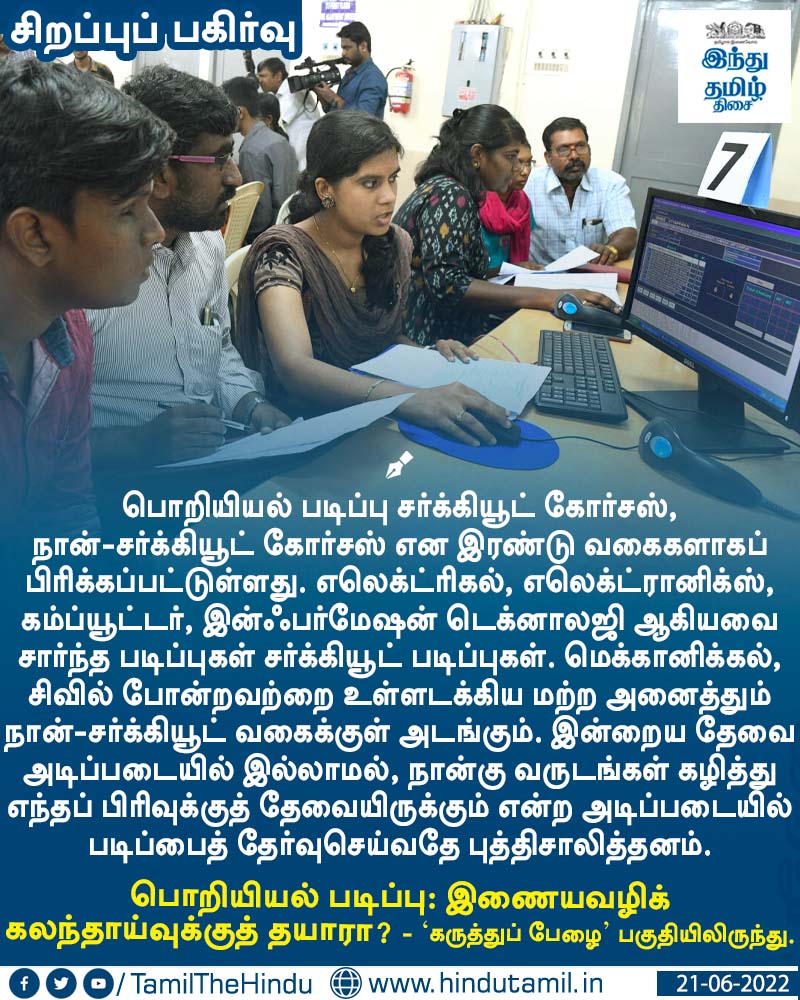 TamilTheHindu's tweet image. வாசிக்க &amp;gt; பொறியியல் படிப்பு: இணையவழிக் கலந்தாய்வுக்குத் தயாரா? htamil.org/00710

#EducationalCounselling | #HTcards | #HinduTamil