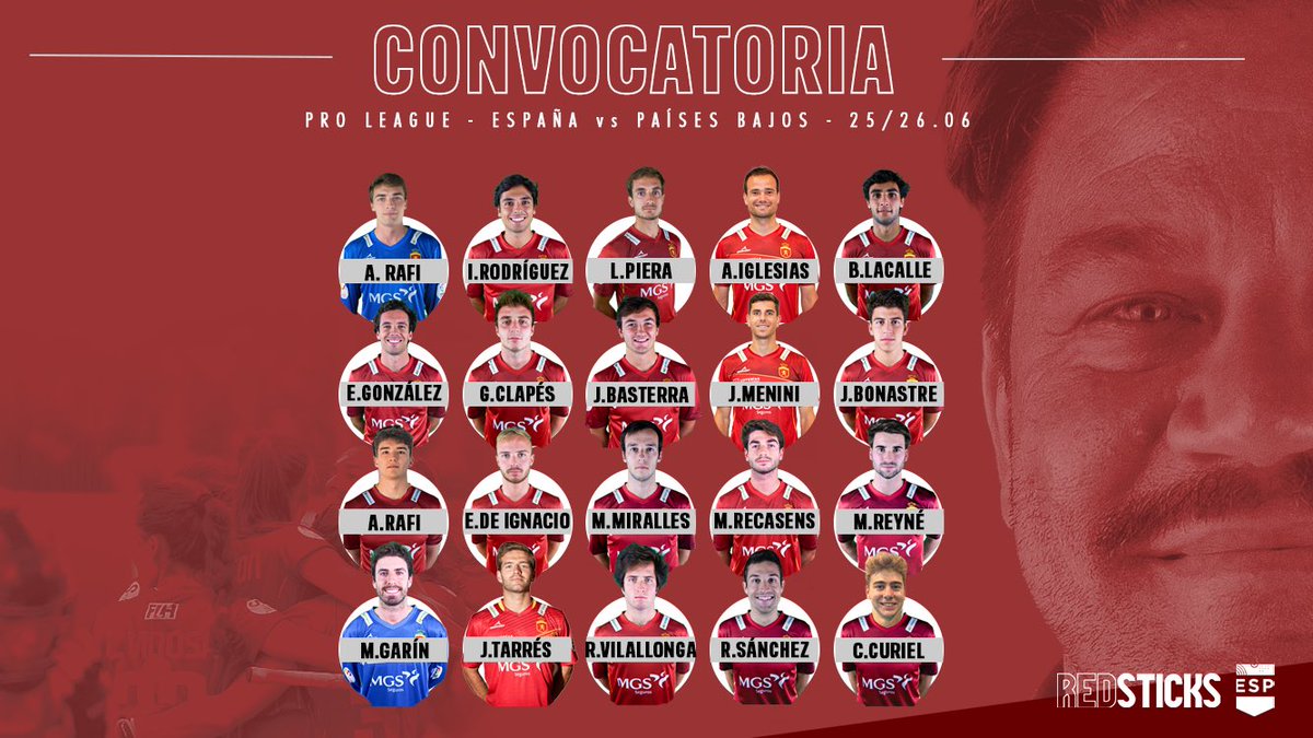 ¡Los 2️⃣0️⃣ elegidos por nuestro seleccionador Max Caldas para los encuentros de #FIHProLeague en Países Bajos! 

🆚 🇳🇱
📅 25/ 26 Junio 

¡Con vosotros, Equipo! 👊 

#RedSticks | #HockeyEspaña