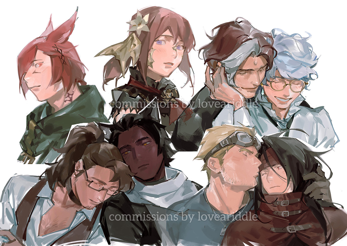 glasses multiple boys miqo'te red hair facial hair short hair black hair  illustration images