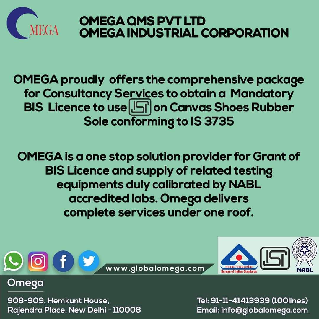 QmsOmega's tweet photo. OMEGA proudly offers a comprehensive package for consultancy services to obtain a mandatory BIS license to use ISI mark on CANVAS SHOES RUBBER SOLE conforming to IS 3735. 
#certification  #shoes #training #isi #bis #bislicense #business #career #testingequipments https://t.co/9sxVJ7PTf4
