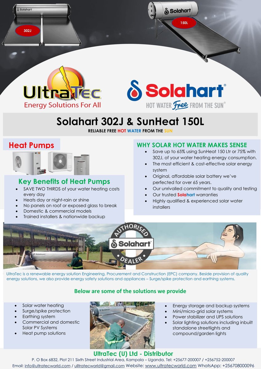 UltraTec_World's tweet photo. Revolutionizing water heating solutions with the SolaHart water heaters built to last for generations for both domestic and industrial applications. For more information call +256772200007 / +256773453958 / +256752200007 or email info@ultratecworld.com / ultratecworld@gmail.com https://t.co/TwCEb2ISdl