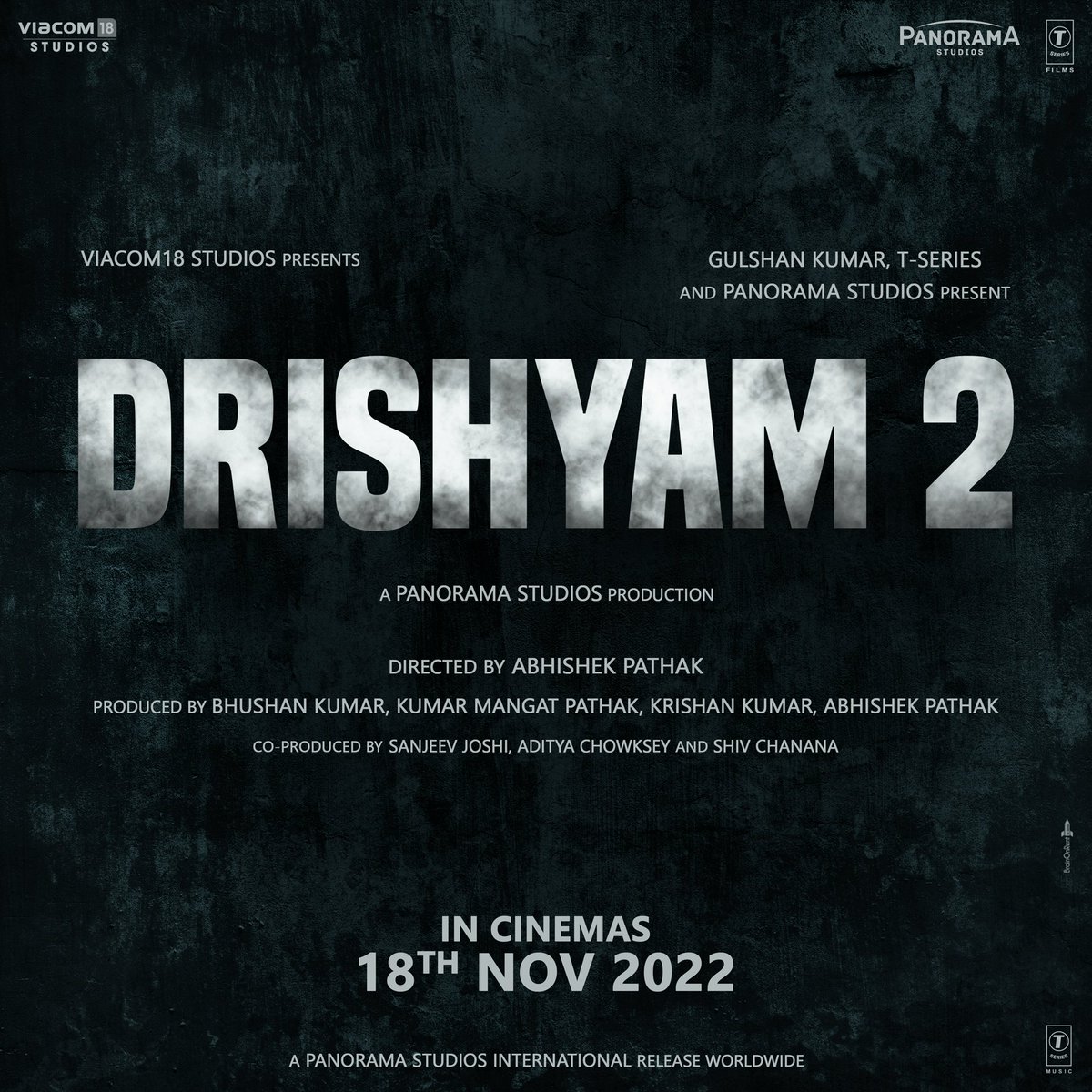 Attention! ⚠️
#Drishyam 2 releasing in theatres on 18th November 2022

 #Tabu #AkshayeKhanna @shriya1109 #RajatKapoor @ishidutta  #MrunalJadhav @AbhishekPathakk #BhushanKumar #KrishanKumar @KumarMangat @Viacom18Studios @TSeries @PanoramaMovies 

#Drishyam2
