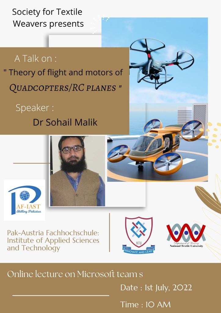 DrSohailMalik's tweet photo. Along with Aerial Mobility of Humans, in hope of creating big market of UAVs and Drones in Pakistan. This will be possible by having knowledgeable and focused youth. Drone Tec will keep on playing its part.
#DSM #NTU #textiles #weaving #motors #multirotors https://t.co/JLudKheR8N