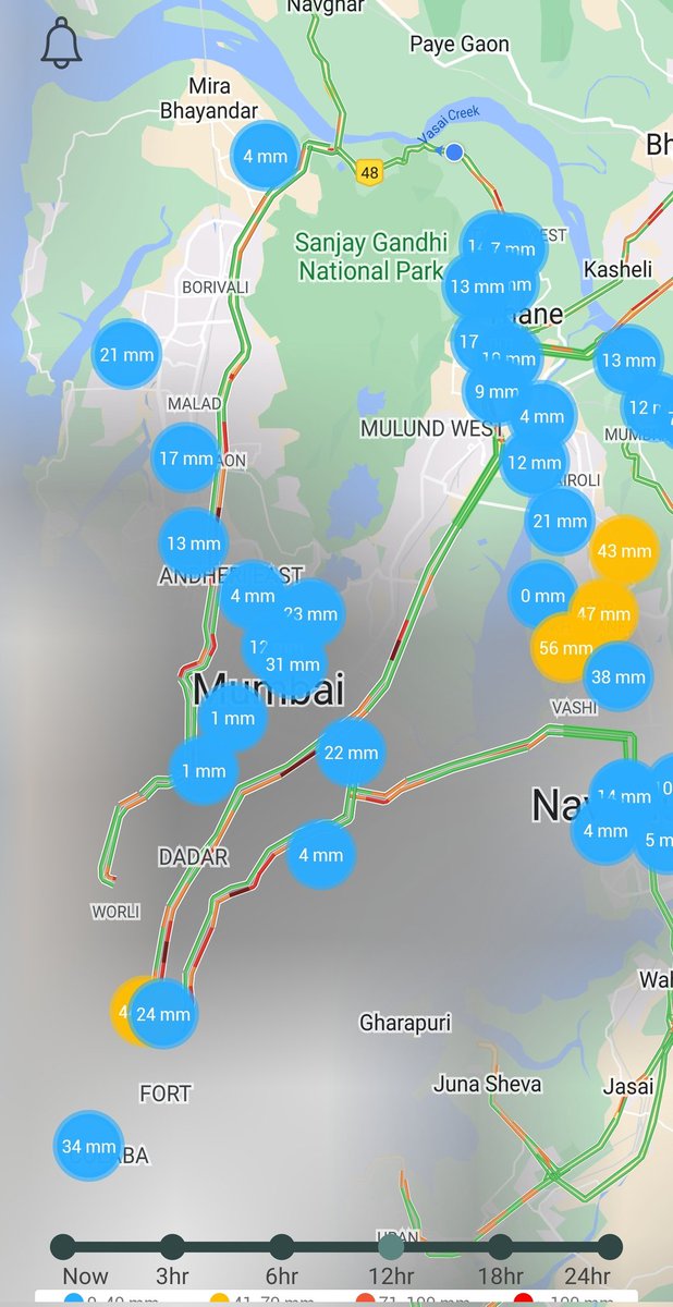 As expected, overnight moderate to heavy rains in Mumbai, Thane &amp; Navi Mumbai.Few Parts recorded around 60 mm rains within few hours after 1am as predicted.
Screenshot from <a href="/MumbaiRainApp/">Mumbai Rain</a> <a href="/JATINSKYMET/">Jatin Singh</a> 
#MumbaiRains