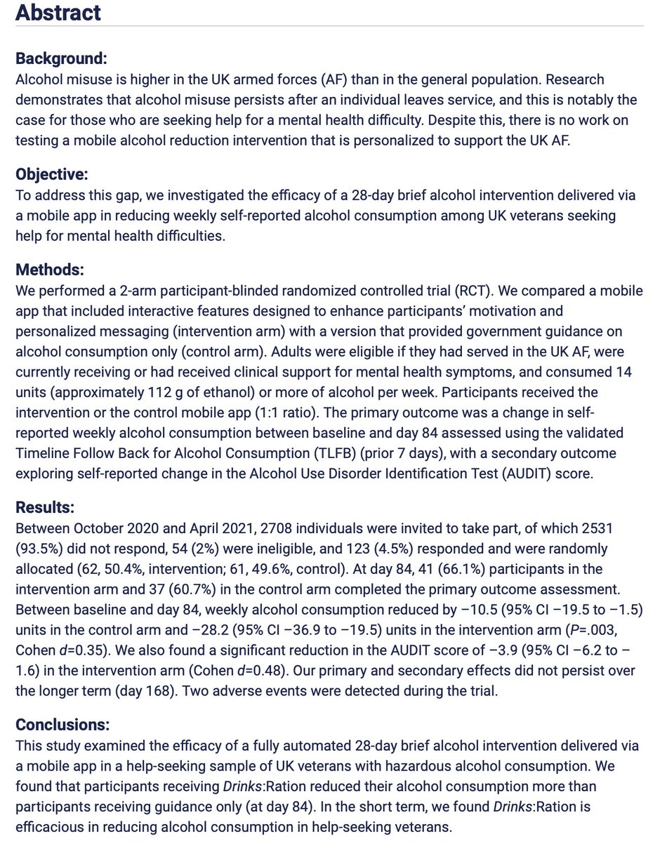 🚨New paper published in <a href="/JMIR_mHealth/">JMIR mHealth and uHealth</a>🚨

👉doi.org/10.2196/38991

Evaluating the efficacy of a mobile app (<a href="/DrinksRation/">DrinksRation App</a>) to reduce alcohol consumption in a help-seeking #veterans

Latest output from <a href="/kcmhr/">King's Centre for Military Health Research</a>, jointly first authored with <a href="/CF_Williamson/">Dr Charlotte Williamson</a>, funded by <a href="/FiMTrust/">Forces in Mind Trust</a>