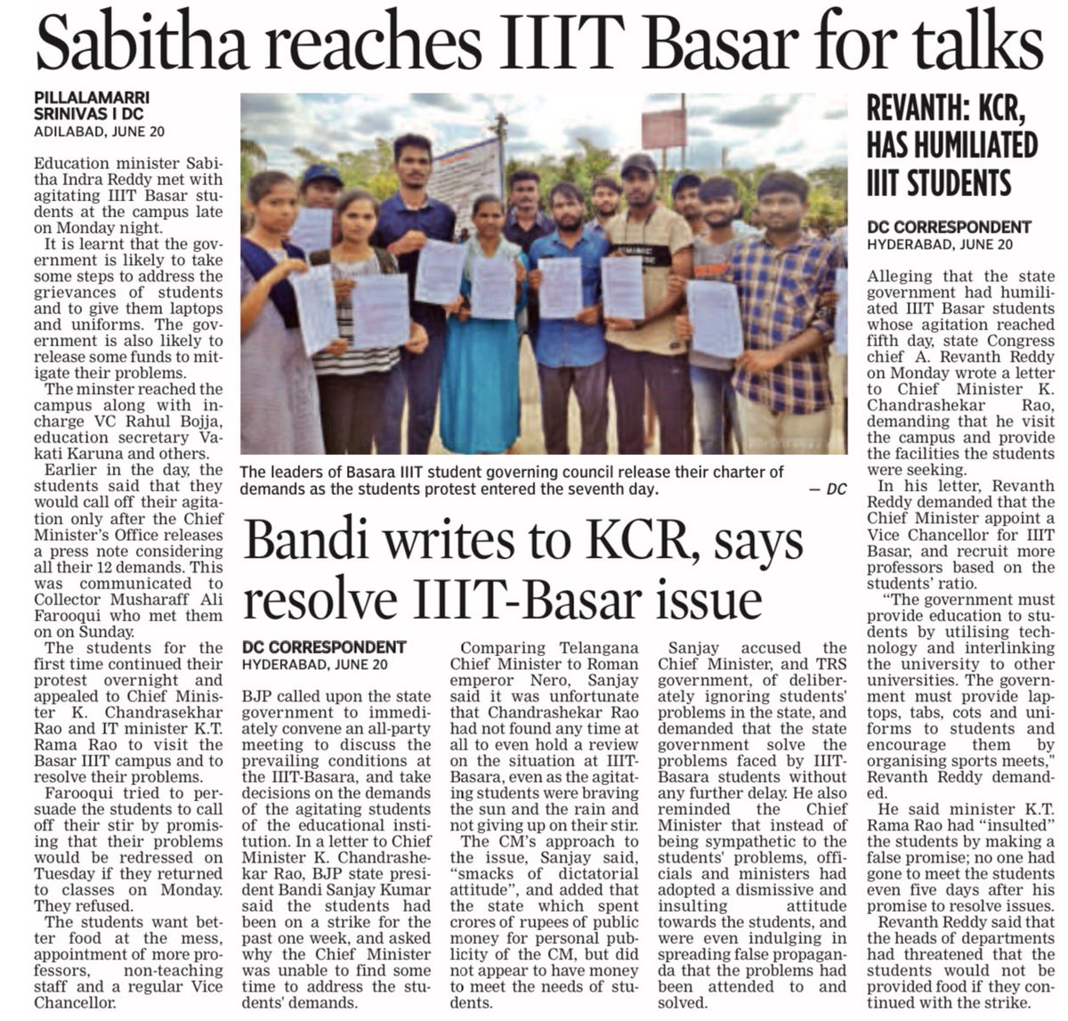 oratorgreat's tweet photo. The big campus showdown in #Telangana #IIITBasar has a thaw with government agreeing to some demands even as opposition continues pressure @bandisanjay_bjp @revanth_anumula @SabithaindraTRS @DeccanChronicle https://t.co/Z4ufWIHmdo