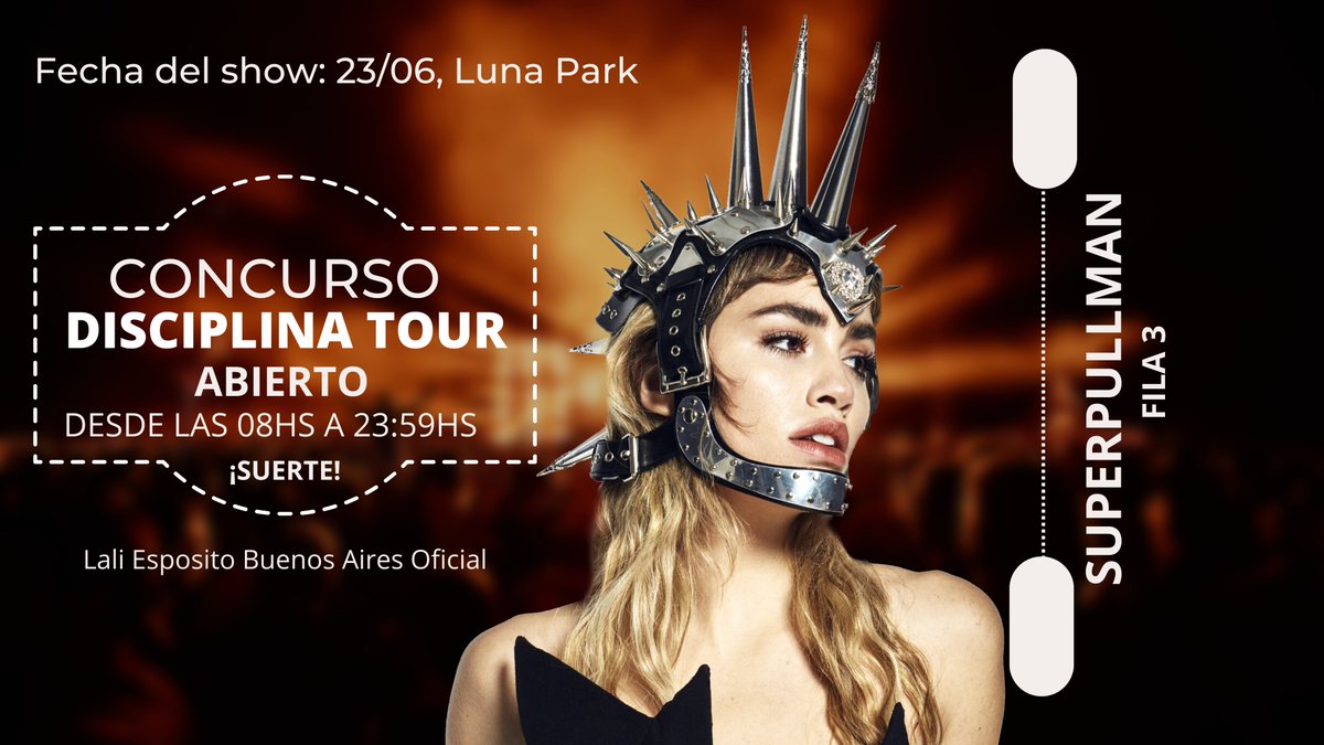 #DisciplinaTour CONCURSO ‼️
Súmate al concurso, respondiendo ¿por que queres la entrada? (de este tweet) , el mas likeado ganara el concurso, tenes tiempo desde las 08 a 23:59 hs

Parámetro: 
 Cada voto debe seguir a <a href="/LaliEspositoBAO/">LEBAO 🇦🇷</a> o no se contara el voto. ¡MUCHA SUERTE!♥