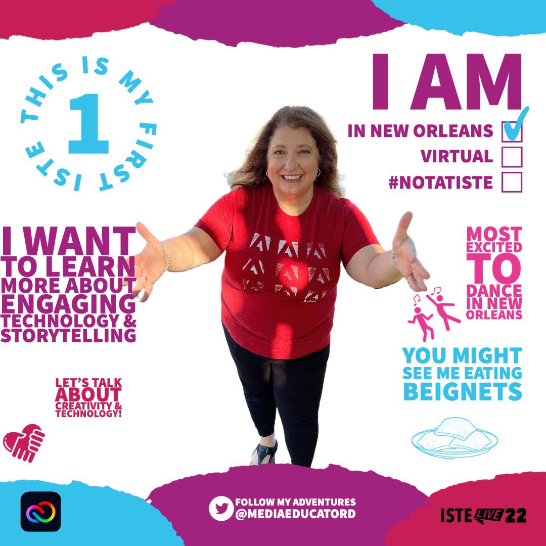MediaeducatorD's tweet photo. Excited for #ISTE22 in #NewOrleans and thank you #AdobeExpress #AbobeForEdu #AdobeEduCreative for this awesome template. Can’t wait to collaborate and learn! https://t.co/VQoABiZHHF