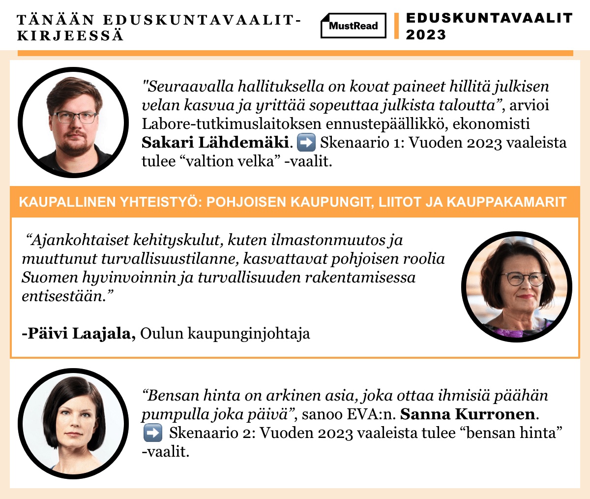 Tänään julkaistiin <a href="/MustReadFi/">MustRead</a> -lehden ensimmäinen Eduskuntavaalikirje. Siinä analysoin vuoden 2023 vaalien lähtökohtia, mietin mahdollisia hallituskokoonpanoja sekä pohdin, mitkä asiat ovat pinnalla vaalien alla. Ohessa makupala :-)

Jos olet MR-tilaaja, sait kirjeen spostiisi.