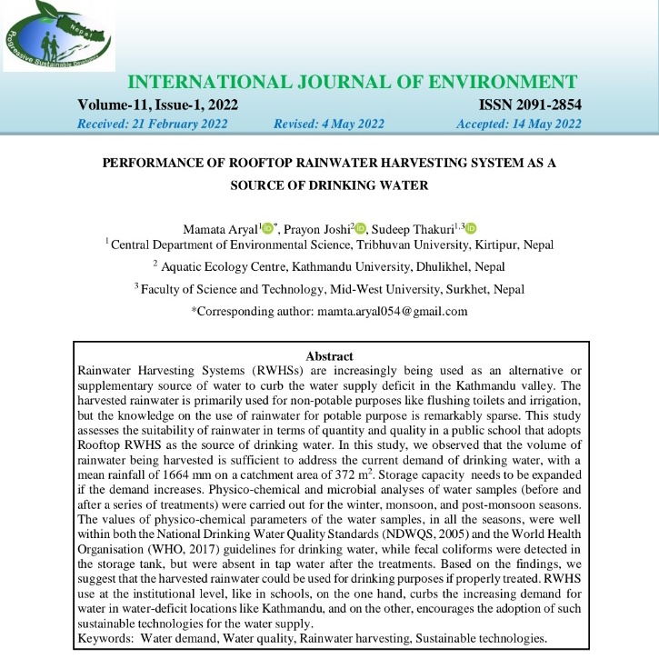 Very pleased to share our recent publication "Performance of rooftop rainwater harvesting system as a source of drinking water". 
The research findings are expected to have positive implications in reducing  water shortage in Kathmandu valley.

Link:nepjol.info/index.php/IJE/…