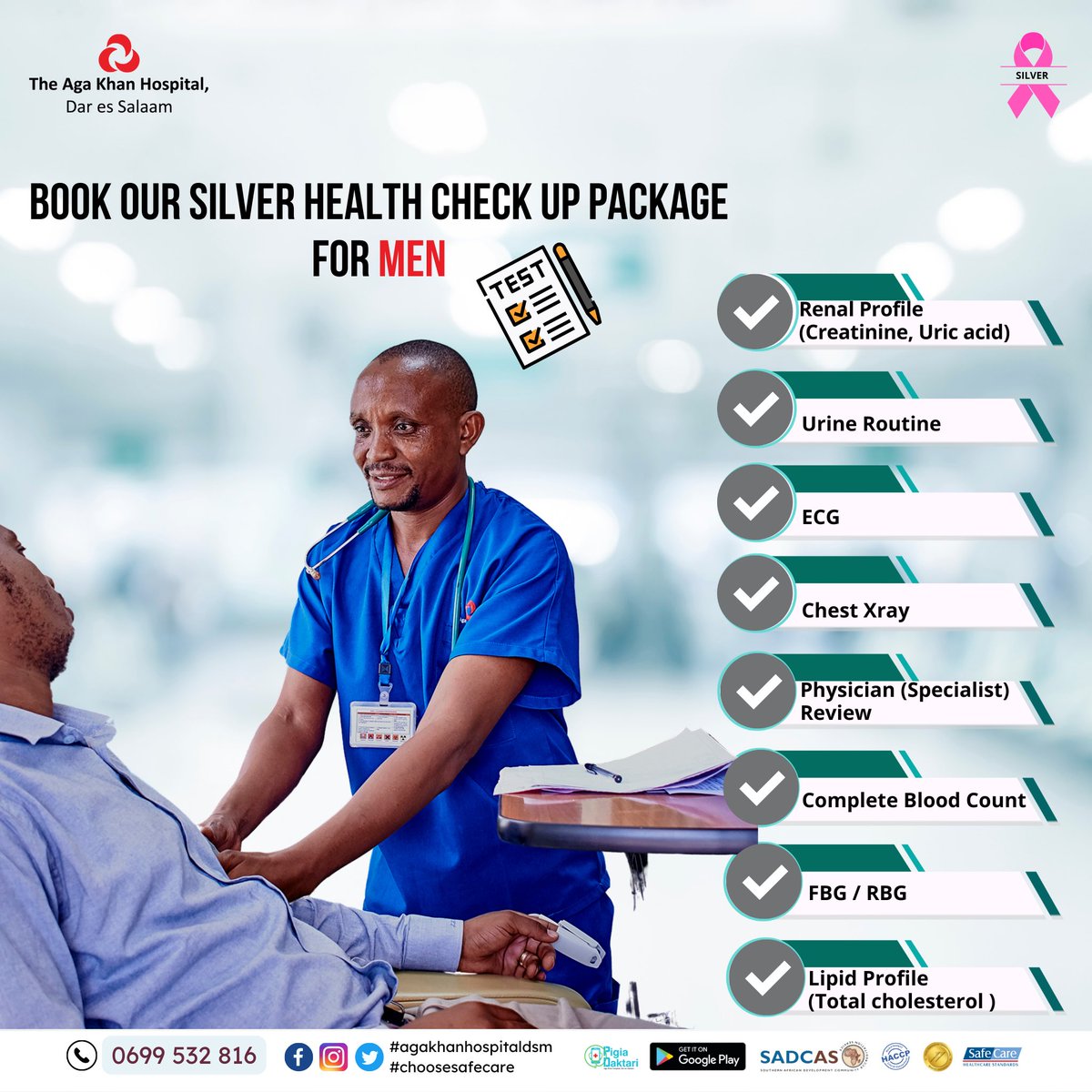 akhstanzania's tweet photo. If you haven’t scheduled your well-man checkup yet, now's a good time to get in on your calendar. Inquire about our silver men health packages now via 0699532816.
#agakhanhospitaldsm #silverpackage #menhealthcheckup #ECG #chestxray #FBG #lipidprofile #fullbodycheckup #tanzania https://t.co/4nSsvhrzbE
