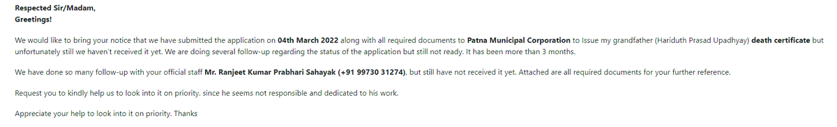 mailhemantmca's tweet photo. @officecmbihar,@NitishKumar ,@cityofpatna,@PMCBihar Sir/Madam,
I have submitted app to issue death certificate about 4 months ago, but still its not issue to us.
Request u to all kindly help to look into it on priority
#BiharHomeDept #DeathCertificate #PatnaMuncipal #CityOfPatna https://t.co/6erxnYRSea