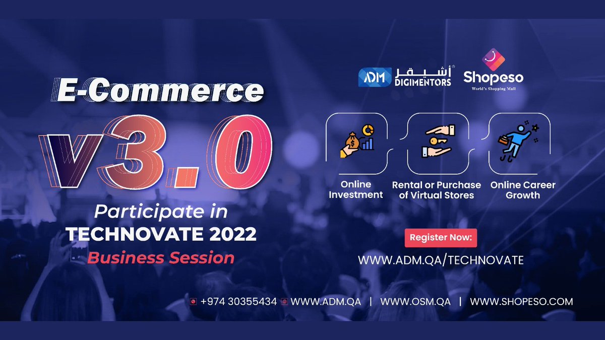 OSMstore's tweet photo. Technovate 2022 a Digital Business Session, where we introduce the revolutionary business model based on Ecommerce 3.0 and Blockchain.
Join us to increase the efficacy of your business and investment 
Where: Al masa, Holiday Inn, Crowne Plaza Doha, Qatar
https://t.co/FT0SlIvRIg https://t.co/5vnrCK3OTW