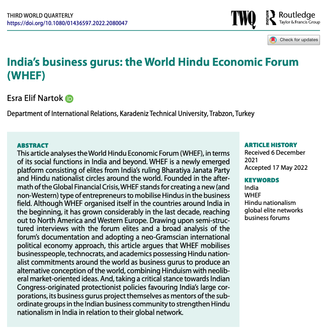 I am excited to share my first journal article from my PhD research exploring the World Hindu Economic Forum, a newly-emerged platform of Hindu nationalist business elites. #india #hindunationalism #globalelitenetworks @thirdworldq @WeAreTandF