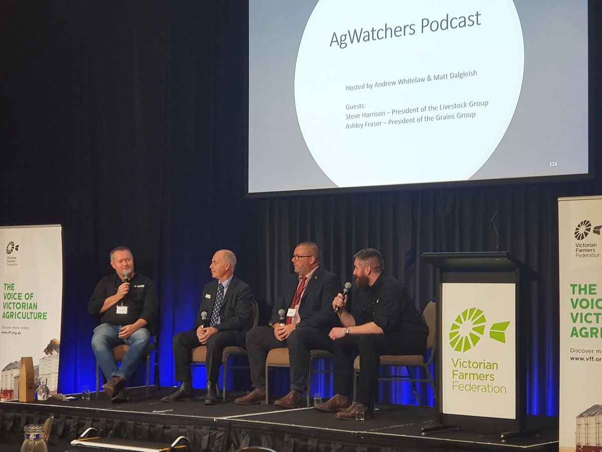 Victorian Farmers Federation (VFF) (@vicfarmers) on Twitter photo What's happening in the grains and livestock sectors?
VFF Livestock President Steve Harrison and VFF Grains President Ashley Fraser join <a href="/WheatWatcher/">Andrew Whitelaw</a> and <a href="/Meat_Watcher/">Matt Dalgleish</a> from @TEMarkets for a live on-stage podcast recording. What's happening in the grains and livestock sectors?
VFF Livestock President Steve Harrison and VFF Grains President Ashley Fraser join <a href="/WheatWatcher/">Andrew Whitelaw</a> and <a href="/Meat_Watcher/">Matt Dalgleish</a> from @TEMarkets for a live on-stage podcast recording.