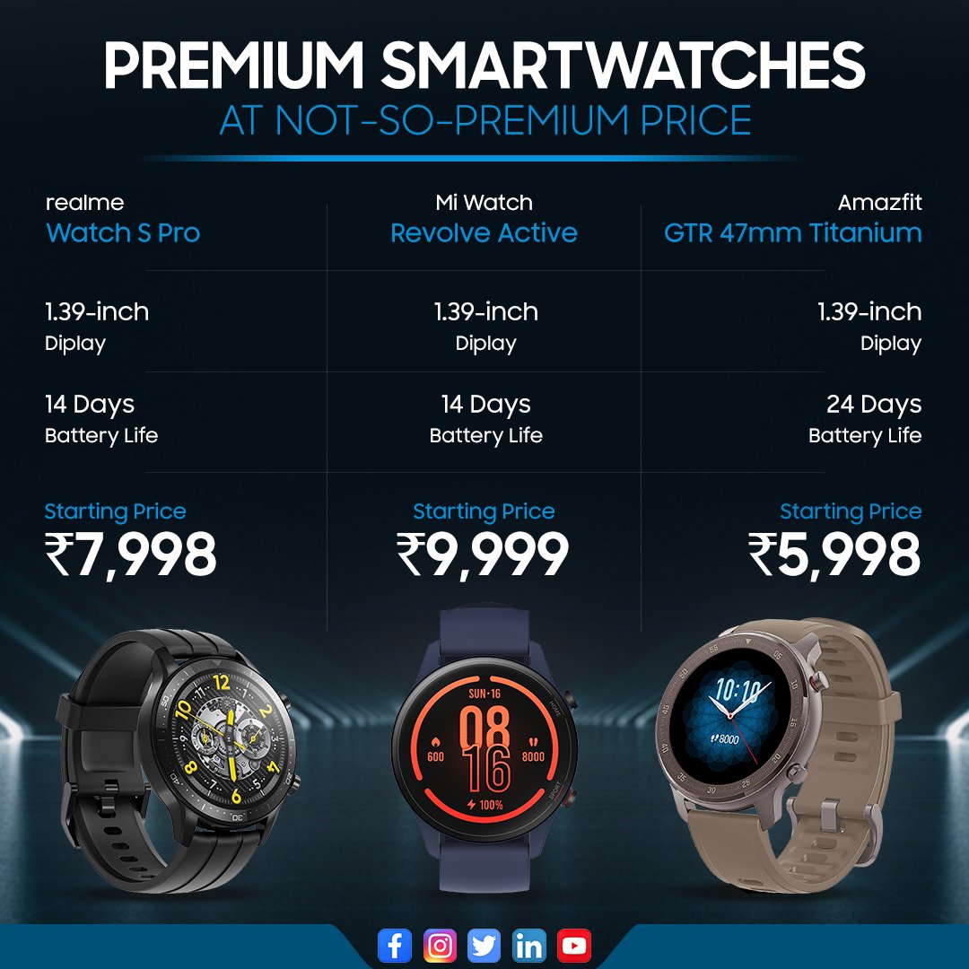 GizNext's tweet photo. Xiaomi Mi Watch Revolve Active Vs Realme Watch S Pro Vs Amazefit Watch GTR: Which smartwatch has won this battle?
Details : https://t.co/qxy5MRmiOd
@XiaomiIndia
@realmeIndia
@amazefit
#Xiaomi #xiaomismartwatch #REALME #realmesmartwatch #amazefit #amazefitsmartwatch https://t.co/JALQeoWsxs