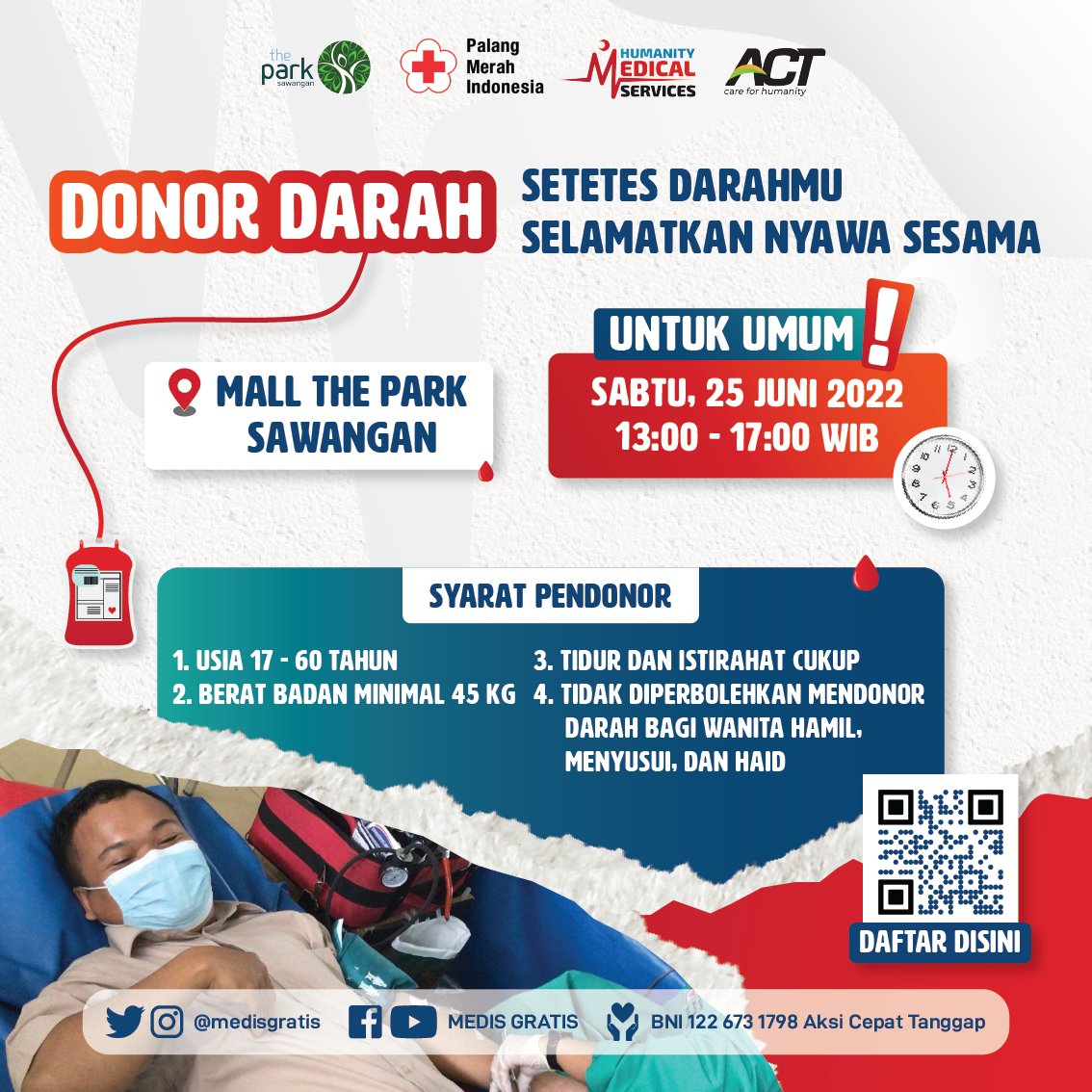 Humanity Medical Services - ACT (@medisgratis) on Twitter photo Assalamualaikum Wr. Wb.
Halo Sahabat Dermawan, sudah ada rencana belum weekend ini kamu mau kemana? Ikut admin aja yuk kita melakukan aksi kemanusiaan 🥰
"Wah keren min, aksi kemanusiaan donor darah buat menyelamatkan nyawa sesama ya?"
<a href="/ACTforHumanity/">actforhumanity</a> Assalamualaikum Wr. Wb.
Halo Sahabat Dermawan, sudah ada rencana belum weekend ini kamu mau kemana? Ikut admin aja yuk kita melakukan aksi kemanusiaan 🥰
"Wah keren min, aksi kemanusiaan donor darah buat menyelamatkan nyawa sesama ya?"
<a href="/ACTforHumanity/">actforhumanity</a>