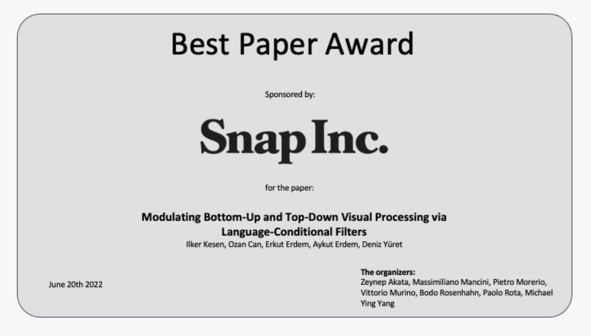 KuisAICenter's tweet photo. Congrats 👏🏽 to @ilker_kesen, @ozanarkancan, @erkuterdem, @aykuterdemml, and @denizyuret with their paper "Modulating Bottom-Up and Top-Down Visual Processing via Language-Conditional Filters” winning the 5th MULA Workshop (https://t.co/ckxIKLX4Uk) Best Paper Award #CVPR2022 https://t.co/i1Ig8ZySrU
