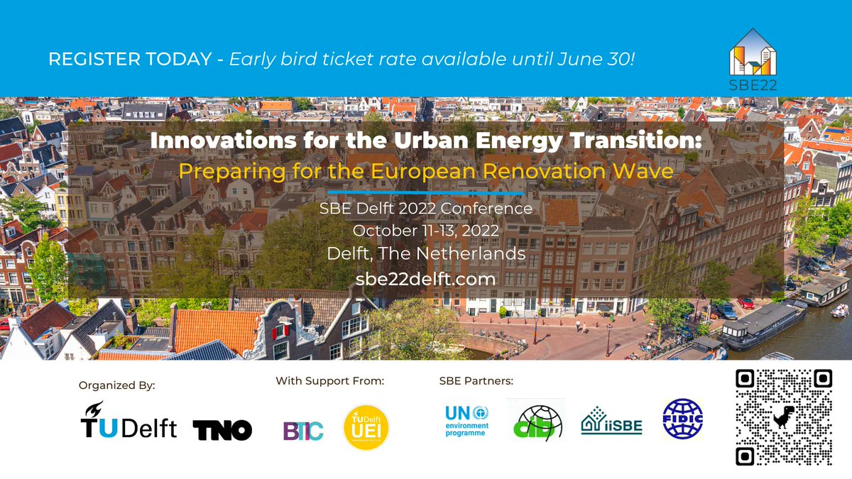 The SBE Conference is focused on how to achieve a rapid pace of building renovations across Europe. Organized & hosted by TU Delft & TNO, supported by BTIC & TU Delft Urban Energy Institute. Early bird ticket available until June 30, 2022. Register today! buff.ly/3tNpmWL