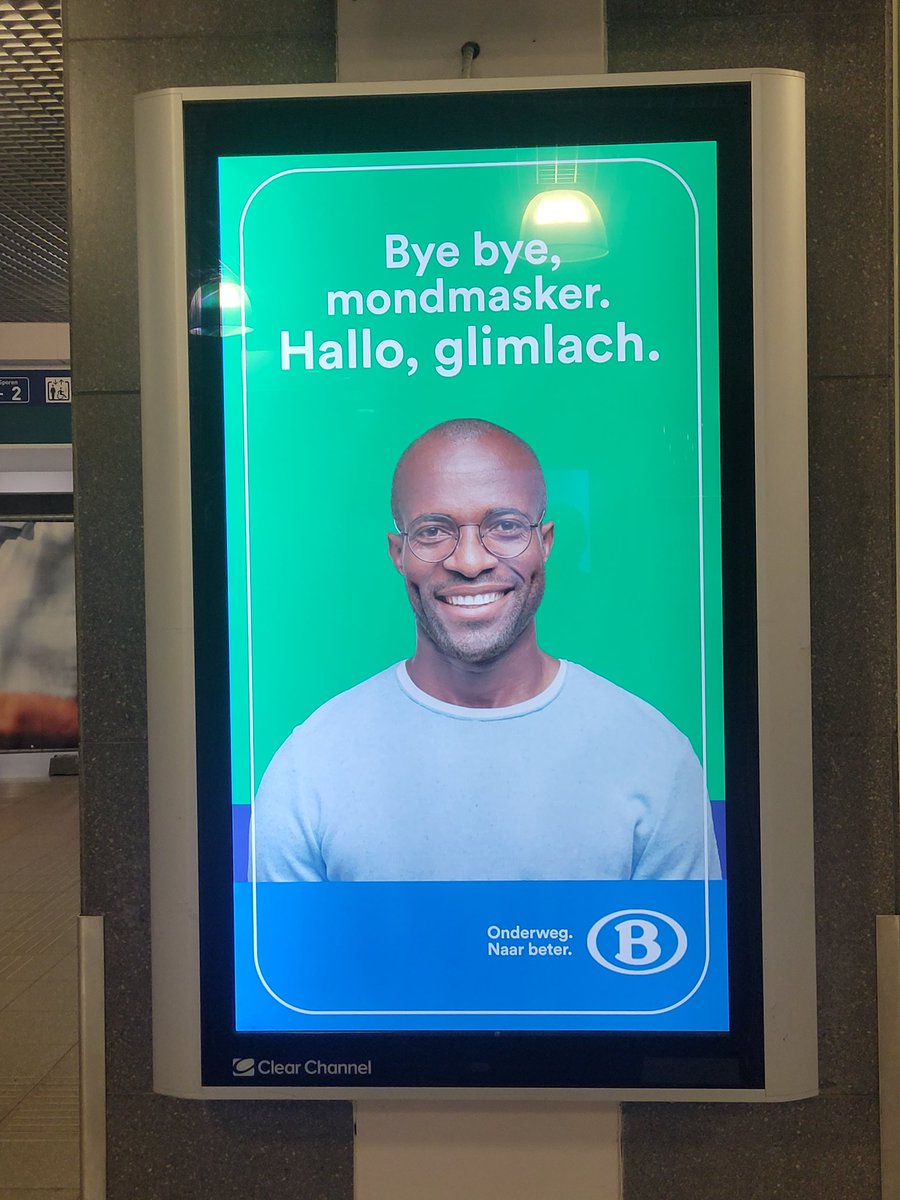 DrJBhattacharya's tweet photo. New public health message on the Belgian railways: "Bye bye masks. Hello smiles." https://t.co/ZTEWt7JO8y