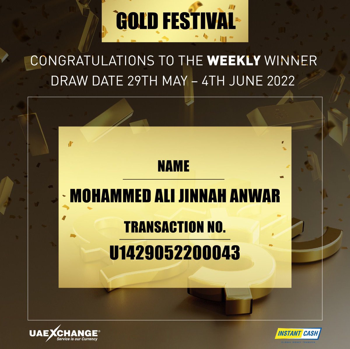 uaexchangekw's tweet photo. Congratulations to the Daily and Weekly winners.
Draw date - 29th May - 4th June 2022. For any further information kindly contact 1808800
#uaeexchange
#uaexchangekuwait
#uaeexchangekuwait
#goldfestival #megapromotion https://t.co/eDOYaMKe1r