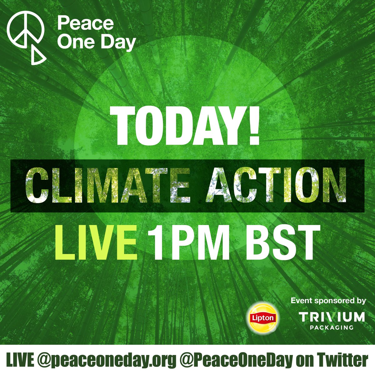 PeaceOneDay's tweet image. Today is the day! #ClimateActionLive begins at 1pm GMT on 21 June. Tune in to see special interviews, words of peace, musical performances, panel discussions, and more! Watch the free broadcast on peaceoneday.org or on Twitter 
@peaceoneday.