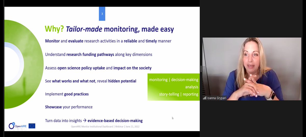 andremvieira's tweet image. Ioanna Grypari in the @OpenAIRE_eu #webinar presenting the #OpenAIRE_Monitor service, namely the Institutional Dashboard that allows institutions to track research activities. 
Know more at openaire.eu/item/monitor-i…