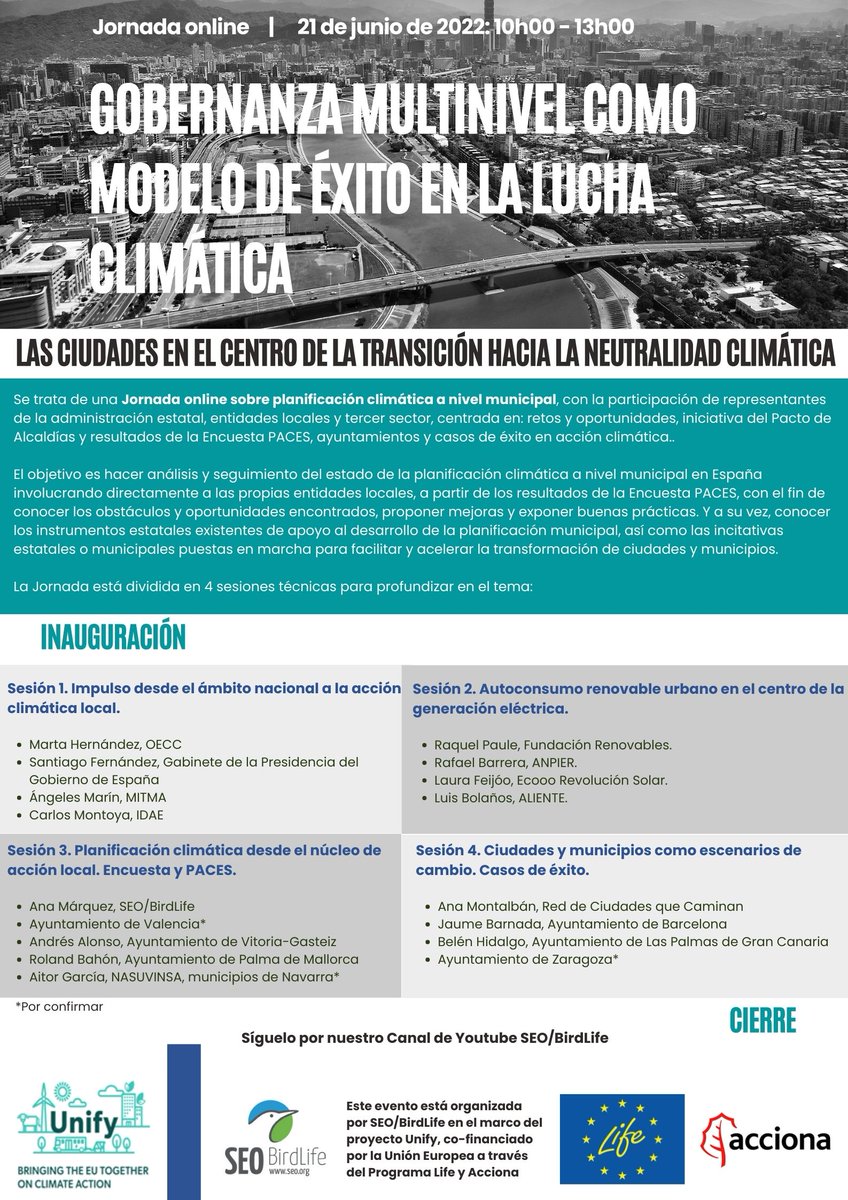 SEO_BirdLife's tweet photo. 🔔Hoy
⏱️A partir de las 10h
Estas jornadas pretenden ofrecer respuestas y soluciones para avanzar más rápido hacia unas ciudades 100% renovables.🌳
▶️https://t.co/ATRlwnjgXD
#LIFEUnify @LIFEprogramme https://t.co/6ITtjMPgpK