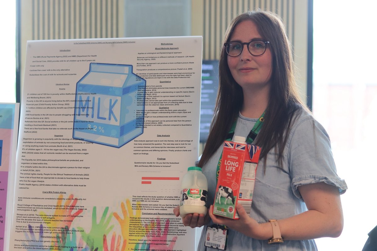 UniofStaffs's tweet photo. Got milk? 🥛🐄
Talented Early Childhood Studies student Emma Green displayed her at #StaffsUniGradEX. The mother of three devoted her investigation to the inclusivity of the governments subsidised milk scheme and nursery milk scheme.
Thread continues... https://t.co/F9AoxSbj9N