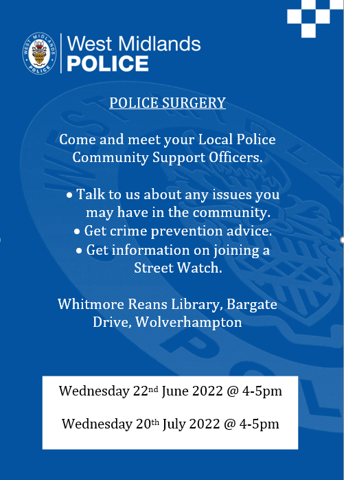 PCSO Haynes &amp; PCSO Pilsbury will be holding a Police Surgery in the Whitmore Reans Library, Avion Centre TOMORROW between 4-5pm.

Get information on joining Streetwatch, crime prevention or speak to us about any concerns you have in the community.