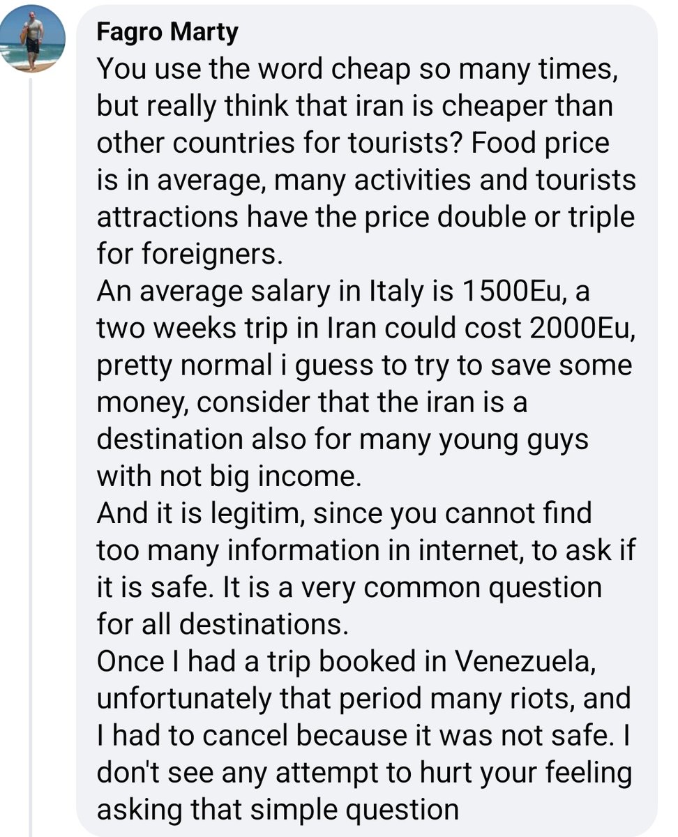 fallenwool's tweet photo. اونقدری که اخوندا خایه مال خارجی داره ، ایرانی نداره. کامنت یه ایتالیایی زی یکی از پستهای گروه #Seeyouiniran
چطور یه توریست خارجی که حقوقش ۱۵۰۰ یورو هست میتونه ۲۰۰۰ یورو تو ایران تو یک هفته خرج کنه!!!!
#فم_تریپ https://t.co/2lZZE82Prd