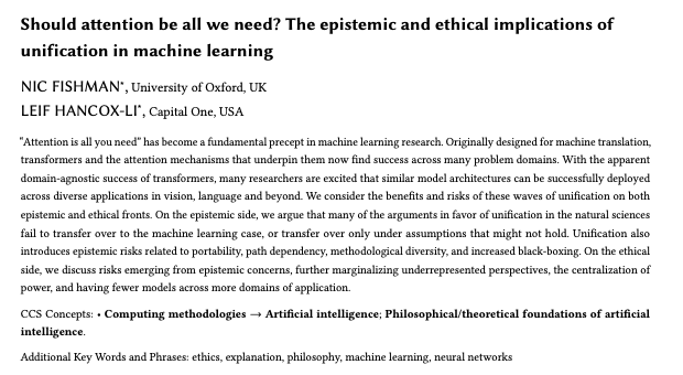 JMateosGarcia's tweet photo. "Is attention all we need, really?"
Excellent exploration of the implications / risks of the unification of machine learning research brought about by large / foundation models.
https://t.co/q8Qab2h9Wr
#econai https://t.co/Qeuxe6hCaA