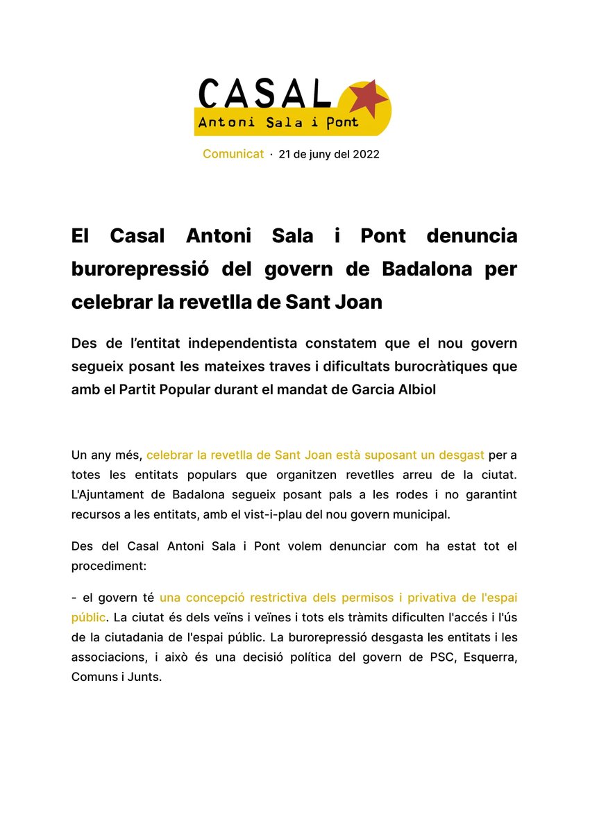 CasipBadalona's tweet photo. Un any més, l'Ajuntament de Badalona segueix posant traves i dificultats burocràtiques per celebrar la revetlla de Sant Joan 🔥

N'ESTEM FARTES DE LA GESTIÓ PÈSSIMA DEL GOVERN DE BADALONA! 😤

Exposem les problemàtiques amb què ens trobem reiteradament.

DIFUSIÓ! 📢 https://t.co/7hZ7P5xmux