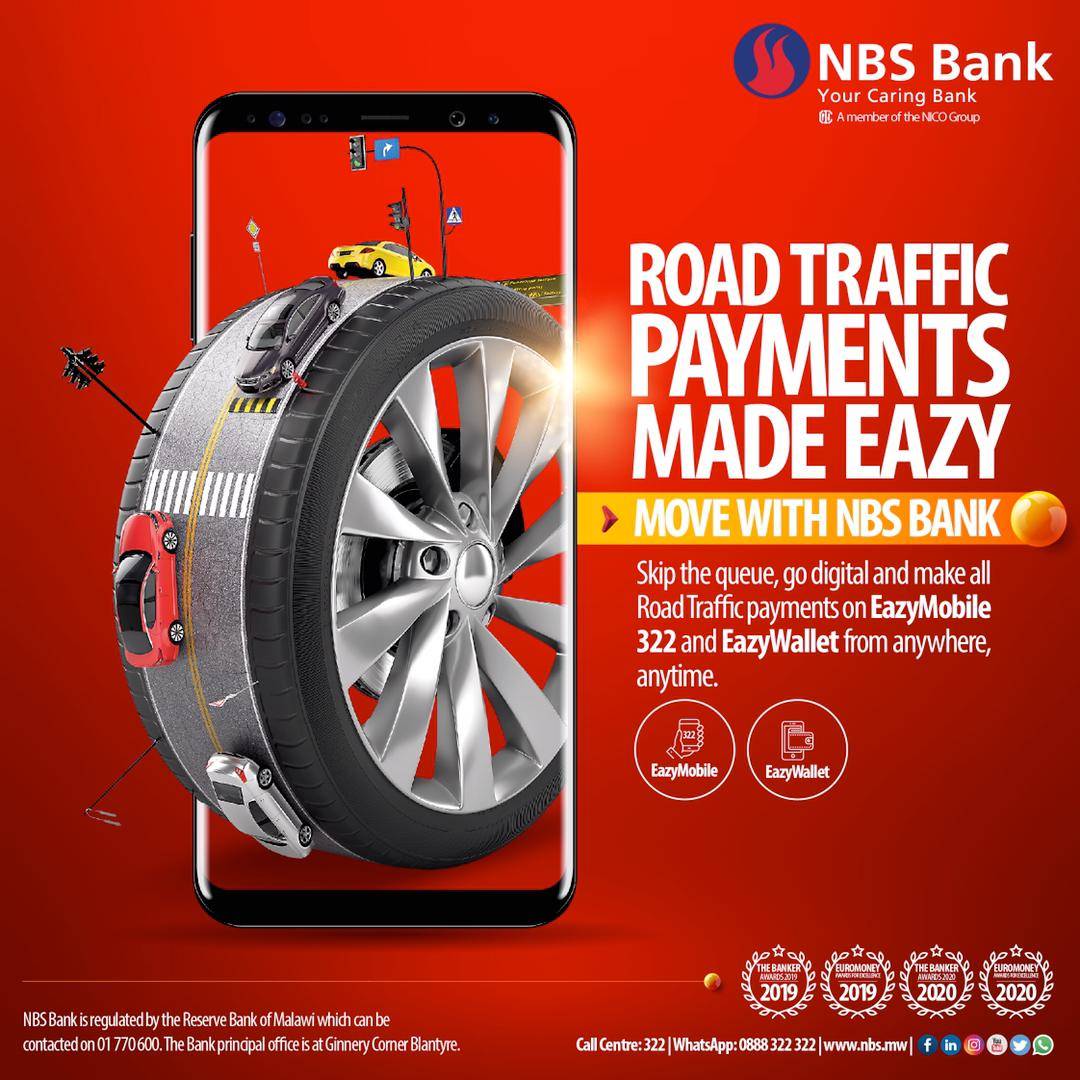 NBSBankMw's tweet photo. Skip the queue, go digital and make all Road Traffic payments on EazyMobile 322 and EazyWallet from anywhere, anytime.
Dial *322# for more.
Move eazy with NBS Bank.
#NBSBank
#YourCaringBank
#EmbraceDigital https://t.co/1d1tQDif5B