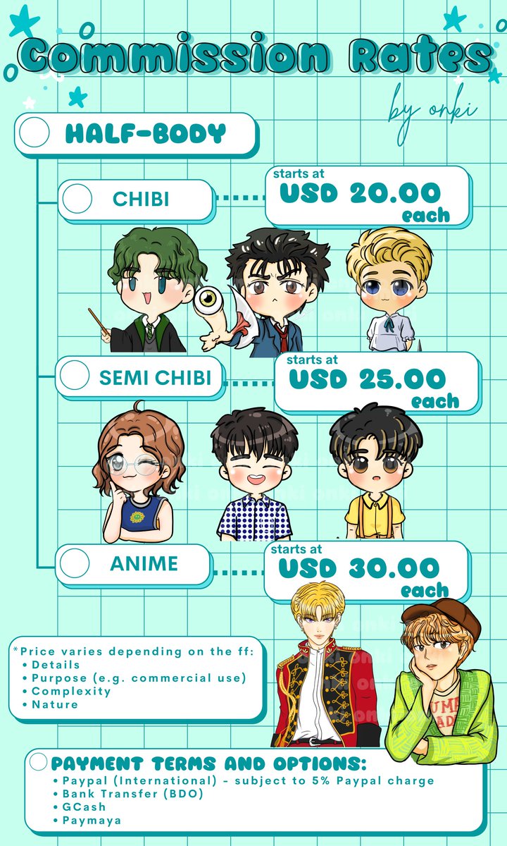 onki_14's tweet photo. ✨Commission Rates✨
💖by onki💖
Updated as of JUNE 2022❤️
✏️I specialize on chibi art, semi chibi and anime style
✏️Can also work on Mecha, fantasy and OCs
✏️Twitch emotes &amp; badges
💕Kpop commisions are also very much welcome!
HMU for more info😉
 #art #commissionsopen #chibi https://t.co/fFa3aZRtcy