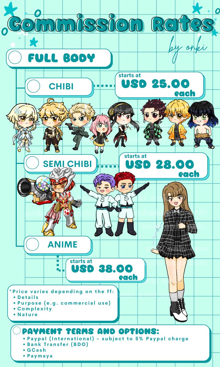 onki_14's tweet photo. ✨Commission Rates✨
💖by onki💖
Updated as of JUNE 2022❤️
✏️I specialize on chibi art, semi chibi and anime style
✏️Can also work on Mecha, fantasy and OCs
✏️Twitch emotes &amp; badges
💕Kpop commisions are also very much welcome!
HMU for more info😉
 #art #commissionsopen #chibi https://t.co/fFa3aZRtcy