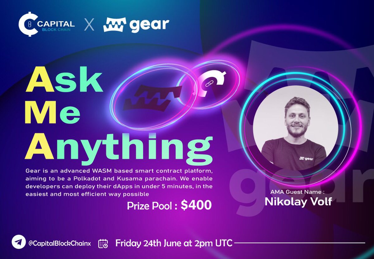 CAPITALB AMA - <a href="/gear_techs/">Gear Technologies</a>

🔊We're pleased to announce our next AMA with Gear Technologies Inc on 24th June Friday at 2pm UTC

🗓 Date:  24 June 2022
⏰ Time:  2 PM UTC
🏚 Venue: t.me/CapitalBlockCh…

✅follow us &amp; <a href="/gear_techs/">Gear Technologies</a>
✅Like &amp; Retweet 
✅Comment your Questions Max 3!