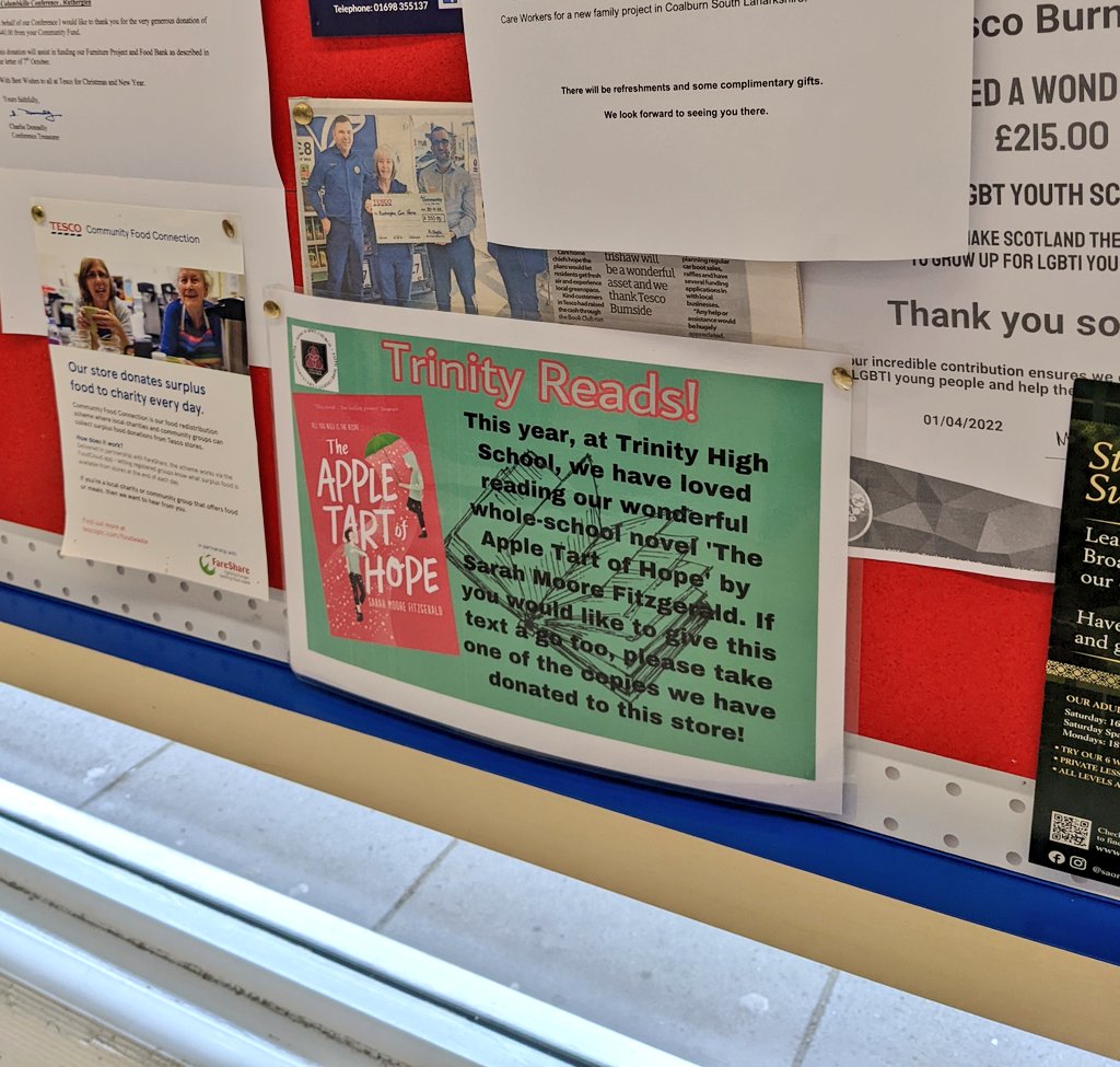 SL_THS_English's tweet photo. Sharing our BGE Novel! We have left a bundle of 'The Apple Tart of Hope' novels in the charity library at the Tesco in Burnside. We loved reading this and are delighted to be sharing it with our local community! #slcabc #readingschools #trinityreads #scottishbooktrust https://t.co/bsTw83UIvG